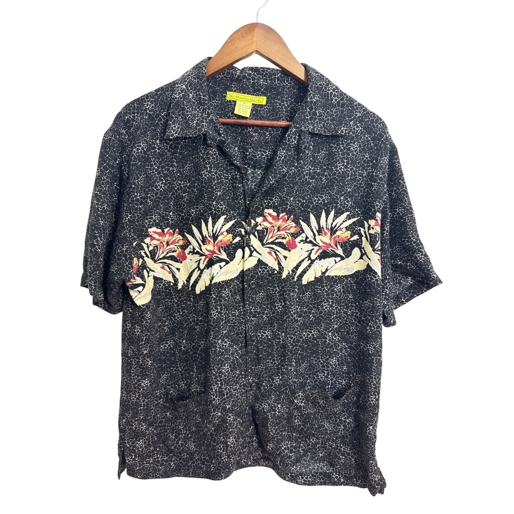 Vintage Hawaiian Shirt Co Rayon Shirt Mens M‎ Black Floral Camp Aloha
